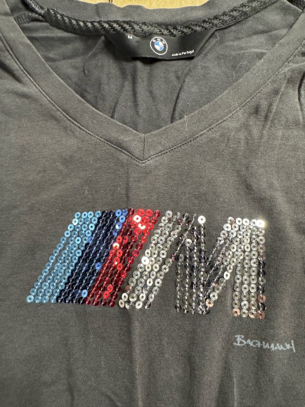 BMW Genuine Collection ladies V-Neck M power logo sequin t shirt medium black - Picture 6 of 9
